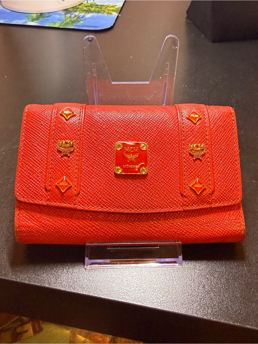MCM Red Textured Leather Logo Plaque Wallet
